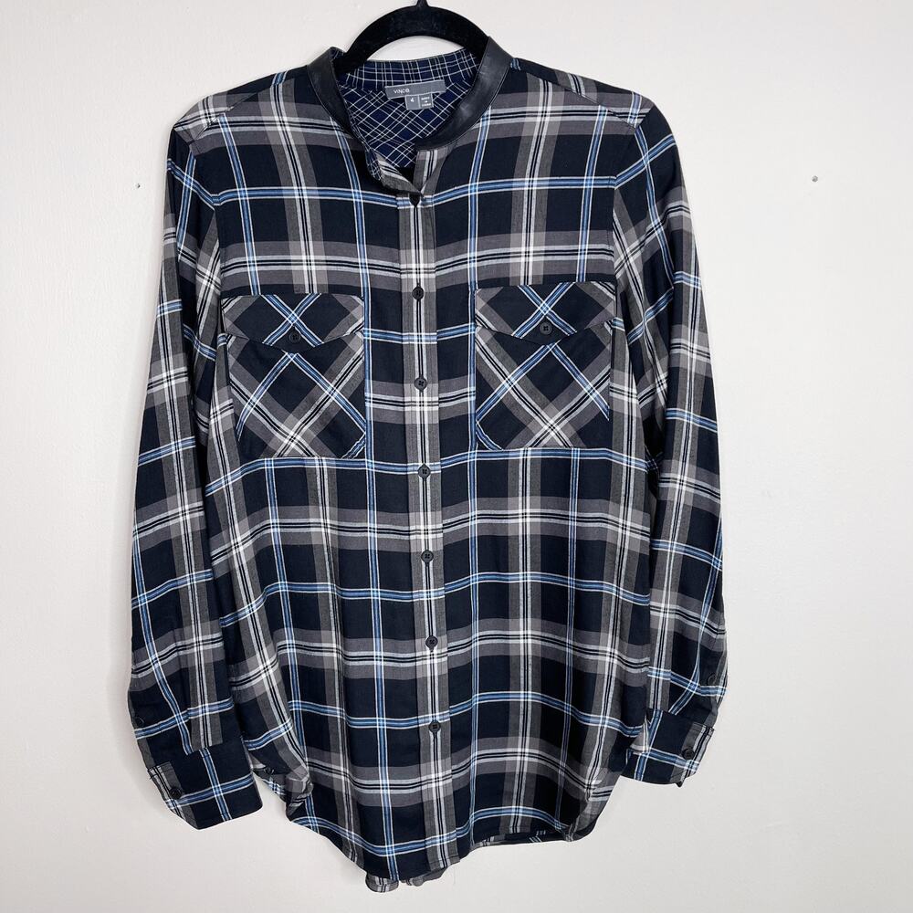 Vince Leather Trim Plaid Button Down Shirt Mandarin Collar Black Blue Womens 4